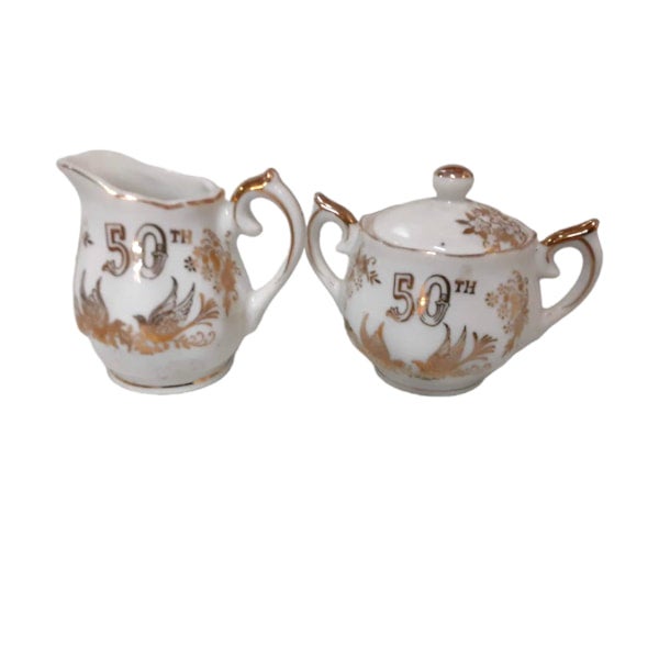 Vintage Ceramic 50Th Anniversary Sugar and Creamer Set Old Time "E